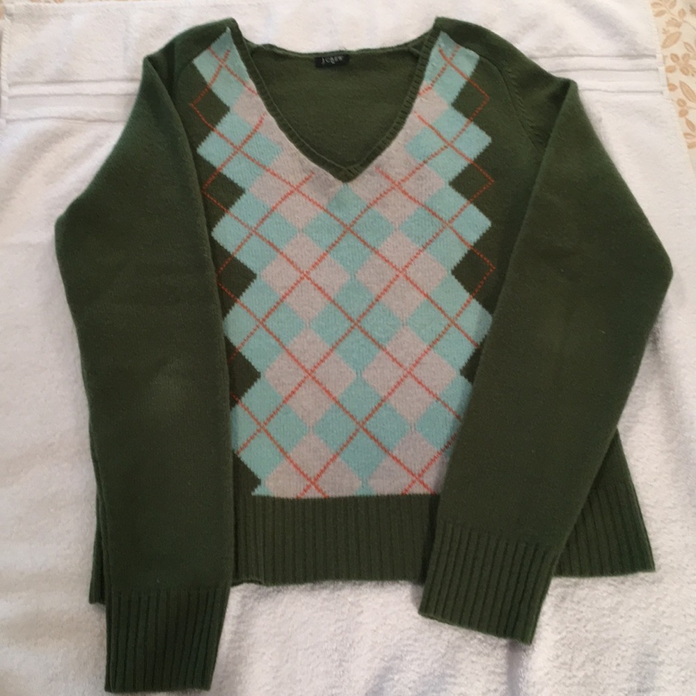 Jcrew argyle vneck wool sweater